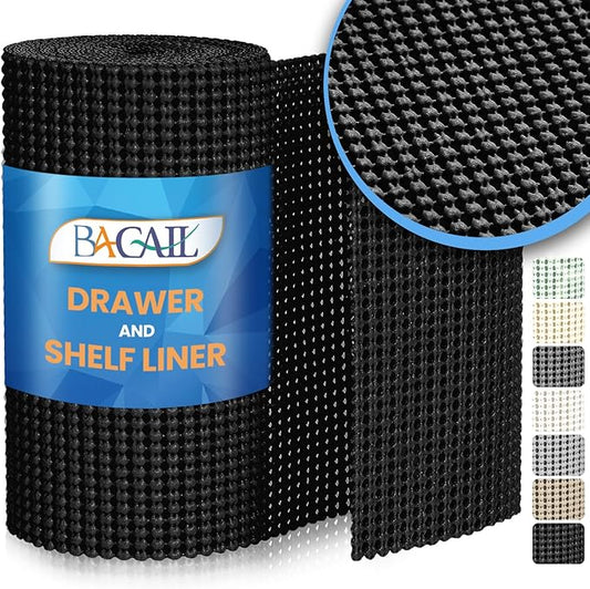 BAGAIL Non-Adhesive Shelf Liner, Thick Strong Grip Drawer Liners for Kitchen Cabinets, Heavy-Duty Easy Cut Cabinet Liners for Shelves, Pantry, Bathroom Cupboards - 17.5" x 10FT, Black