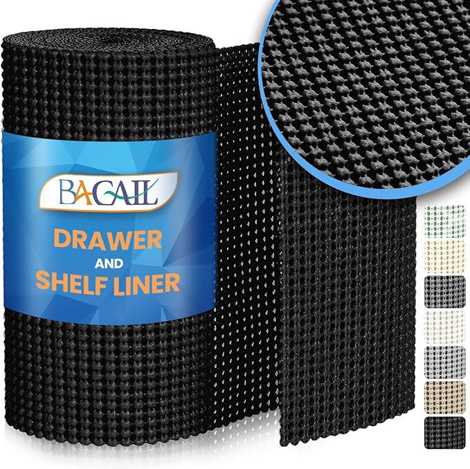 BAGAIL Non-Adhesive Shelf Liner, Thick Strong Grip Drawer Liners for Kitchen Cabinets, Heavy-Duty Easy Cut Cabinet Liners for Shelves, Pantry, Bathroom Cupboards - 24" x 20FT, Black