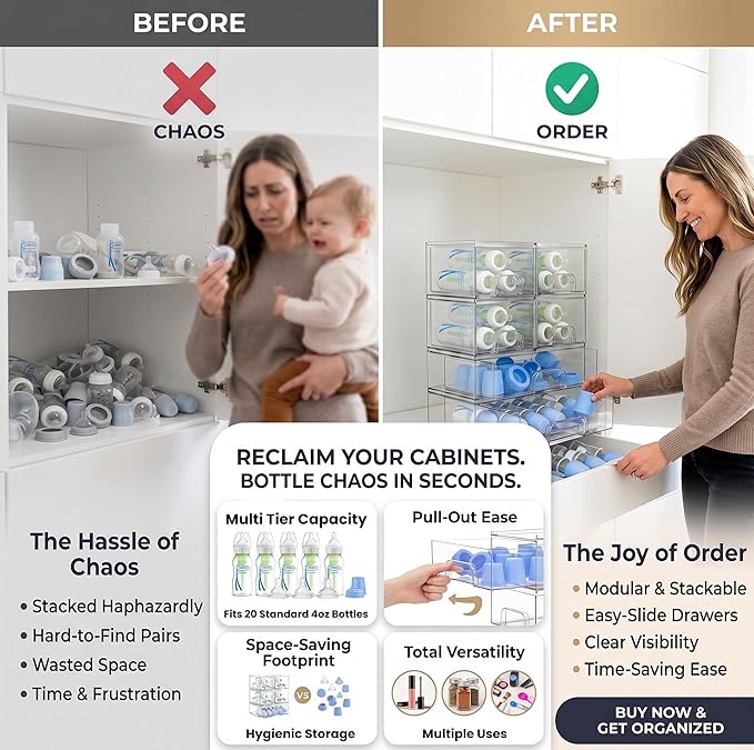Clear Baby Bottle Organizer For Cabinet, Storage Bins with Pull-Out Drawers, 6-Pack Organizer Set with Labels, Premium PET Plastic Storage Organizer for Pantry, Bathroom, Vanity, Countertop