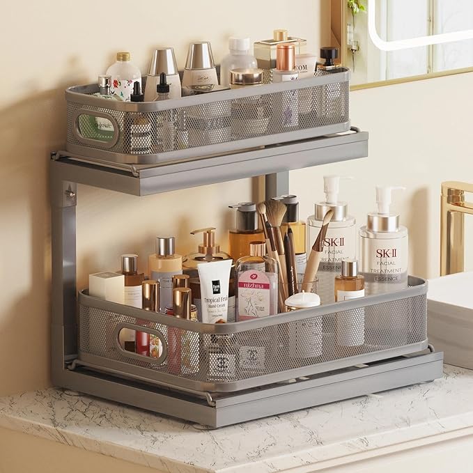 1 Pack-14.5"-15"IN Under Sink Organizers And Storage Height Adjustable,Mesh Under Cabinet Organizer For Kitchen,Bathroom-Gray