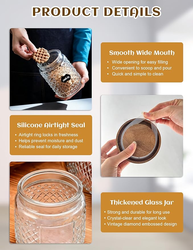 Glass Jar with Wood Lid and Label - 24 OZ Small Airtight Storage Container for Kitchen Pantry Bathroom Countertop, Decorative Vintage Canister for Candy, Cookie, Treat, Sugar, Coffee, Tea, Salt, Nuts