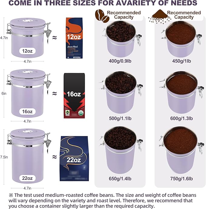 ShanSon Coffee Canister Airtight, Stainless Steel Bean Storage Container with Date Tracker & Scoop, Grounds Sugar Flour Tea Cereal Fits Kitchen Pantry, Ideal Gift for Coffee Lovers,12oz, Purple