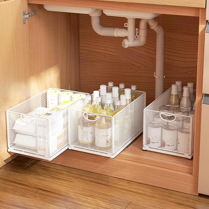 Pull Out Drawers for Cabinets Stackable or Single, Cabinet Organizer Adhesive, Slide Out, Extra Rails, for Sink Pantry Shelve