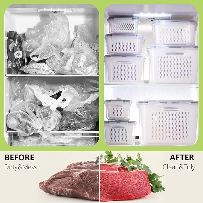 5 Pack Fruit Storage Containers for Fridge,Fruit Containers for Fridge with Removable Colanders,Leakproof Refrigerator Organizers and Storage for Produce Beery Vegetable Salad Meat Food Keep Fresh