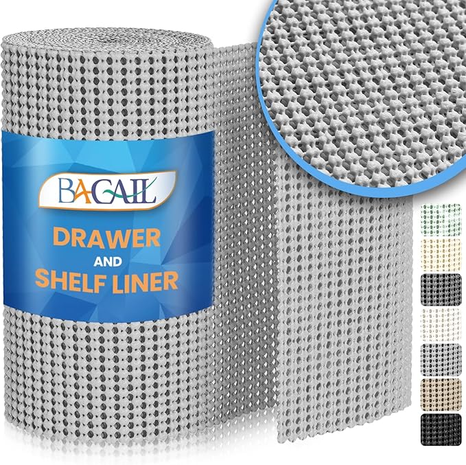 BAGAIL Non-Adhesive Shelf Liner, Thick Strong Grip Drawer Liners for Kitchen Cabinets, Heavy-Duty Easy Cut Cabinet Liners for Shelves, Pantry, Bathroom Cupboards - 17.5" x 10FT, LightGrey