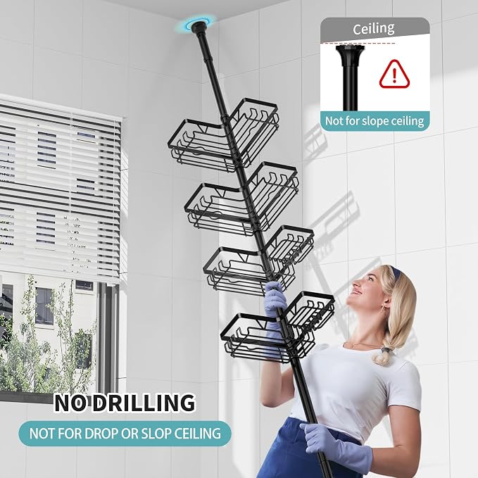 KEGII Corner Shower Caddy Tension Pole with Toothbrush Holder | Adjustable Shower Organizer with Soap Holder and Hooks, No Drilling Rustproof Bathroom Shelf Storage Rack, Fits 25-114.2 Inch
