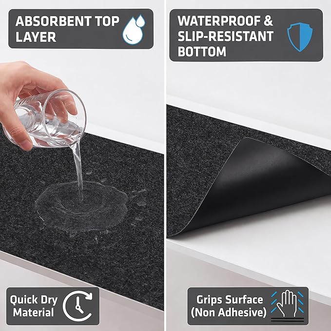 Drymate Premium Luxury Shelf & Drawer Liner, Thick Cushioned Fabric, Non-Adhesive, Absorbent, Waterproof, Slip-Resistant, Liners for Kitchen Cabinets, Cupboards (USA Made)(11”x50”)(2-Pack)(Charcoal)