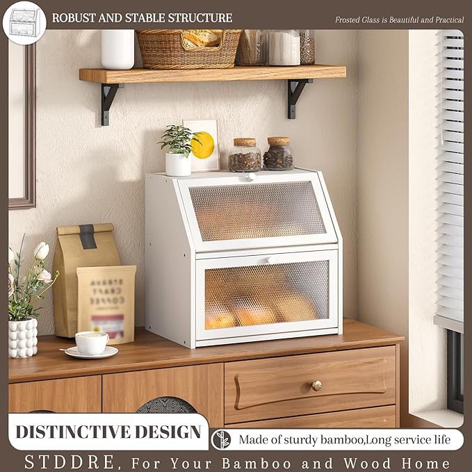 STDDRE Bread Box for Kitchen Countertop Bin Double Layer Bread Box Storage Container Extra Large Capacity with Diamond Pattern Windows (White, Extra Large)
