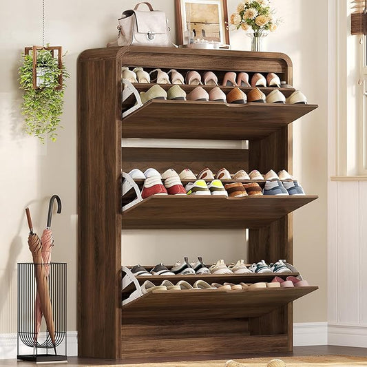 TEENFON Shoe Cabinet with 3 Flip Drawers & Adjustable Shelves, Narrow Freestanding Shoe Storage Cabinet for 18-27 Pairs, Hidden Slim Shoe Rack Cabinet for Entryway, Walnut