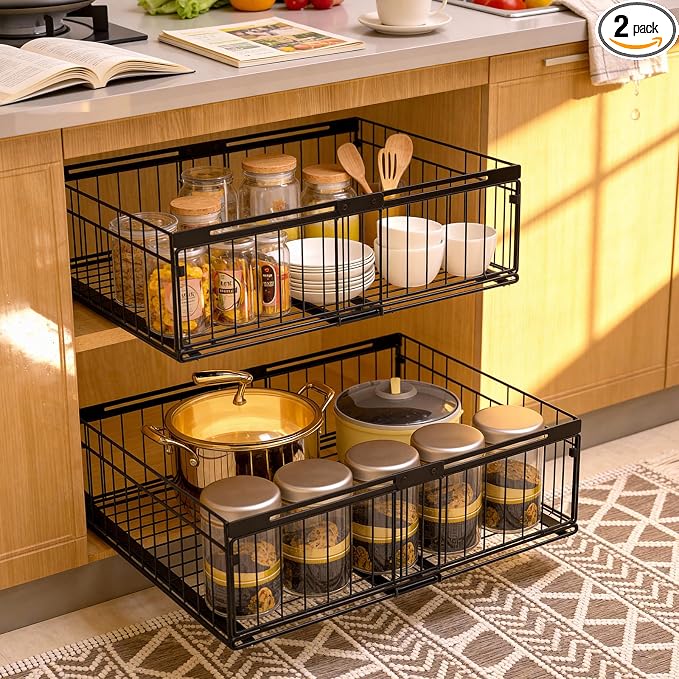 2Pack Expandable Pull Out Cabinet Organizer Adjustable Width 13"-20", Kitchen Organization with Adhesive.Bathroom Under Sink Organizers and Storage,Bedroom Slide out Drawers,Pantry