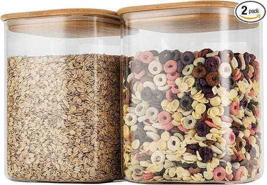 D2scrma 115oz Airtight Glass Square Storage Canister with Bamboo Lid Set of 2(3400ml*2) Large Storage Container Gallon Glass Jars, for Sugar, Flour, and Coffee bean (with Black Lable)