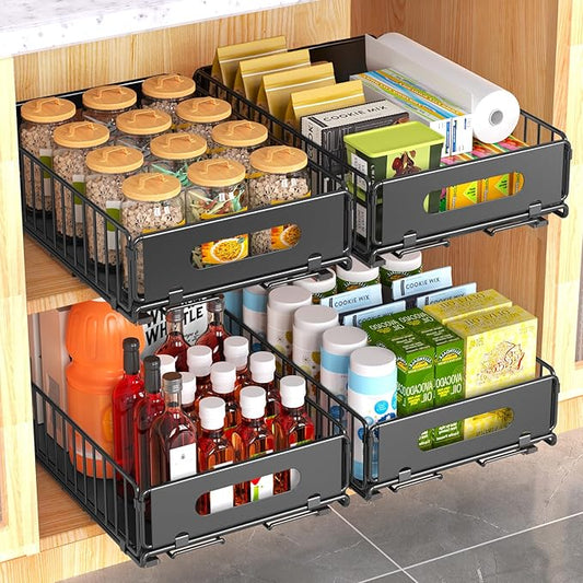 4 Pack Pull Out Cabinet Organizer, NECHEGI Heavy Duty Slide Out Pantry Drawers Shelves Storage With Strong Adhesive Strips and Handle for Kitchen, Bathroom, Living Room, Home (14.8"D X 9.6"W X 3.9"H)