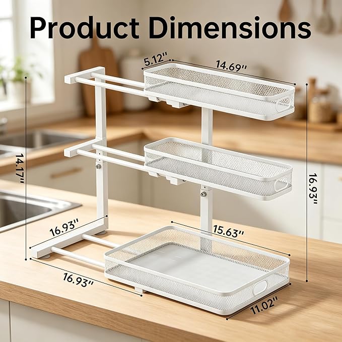 Under Sink Organizer, White, 3-Tier, 1 Pack | Height Adjustable, Thickened Metal, Pull Out Cabinet Shelf, Space-Saving Slide Out Storage Drawer