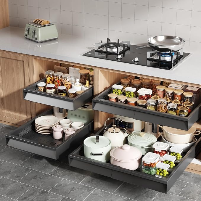 Seinloes 4 Pack Pull Out Cabinet Organizer Expandable Width (12"-20.8") & Depth (16.2"-23.6"), 3 Slide Rails Slide Out Drawers with Handle, Includes Raising Pad for Framed Cabinets, Black
