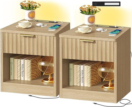 TEENFON Fluted Nightstands Set of 2, Bed Side Table with Charging Station and LED Light, Night Stand with Storage Drawer and Open Shelf, End Table for Small Space, Bedroom, Natural