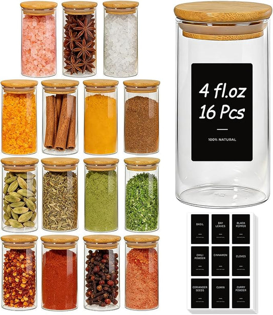 ComSaf Spice Jars with Label 4oz 16 Pack, Glass Spice Jars with Bamboo Lid, Mini Seasoning Containers with 54 Black Labels, Stackable for Kitchen, Pantry Organization, Loose Tea, Herbs, Powders, Salt