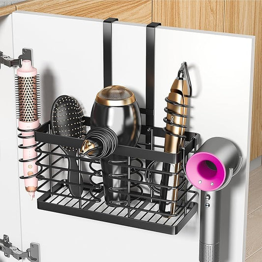 Sevenblue Hair Tool Organizer, 3-in-1 Universal Hair Dryer Holder, Adjustable Height Metal Blow Dryer Holder Wall Mounted/Over Cabinet Door/Free-Standing, 12.2 * 5 * 6.1" (XL Black)