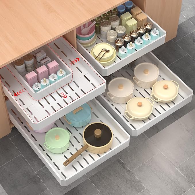 Pull out Cabinet Organizer,Adjustable Width (14"-19") and Depth (17"-24") Expandable,No Drill Slide out Drawers for Kitchen,Pantry,Adhesive Roll out Shelves,for Cabinets Without Lip (white)