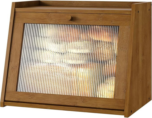 kiplant Large Bread Box for Kitchen Counter, Brown Bamboo Bread Storage Container with Wavy Arcylic Transparent Door, Bamboo Wooden Farmhouse Bread Box for Your House