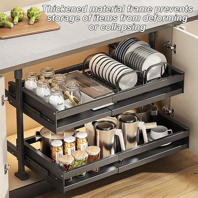 Pull Out Kitchen Cabinet s Sliding Drawers for Cupboard No Drill No Nail Slide Out Storage Solution Black Size S Maximize Kitchen Space Efficiently，Black Single Layer_41*42 * 27