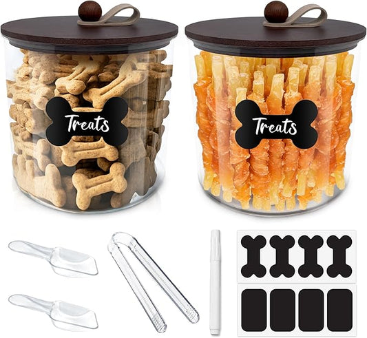 HOYTAMDAR 2 Pack Airtight Dog Food Storage Container,Dog Treat Container Dog Treat Jar with Wood Lids 6x5'',Pet Food Storage Container,Cat Food Container with Scoops,Food Tong,Labels,Pen