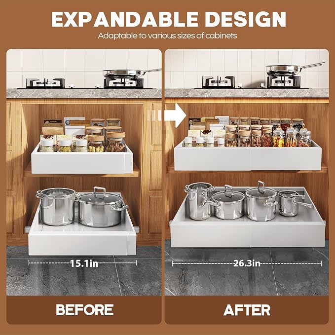 Seinloes 2 Pack 21" Deep Pull Out Cabinet Organizer Expandable（Width 15.1"-26.3"）+4 Pack Slide Out Drawers With Raising Pad for Framed Cabinets,Adjustable Width 9"-14" White