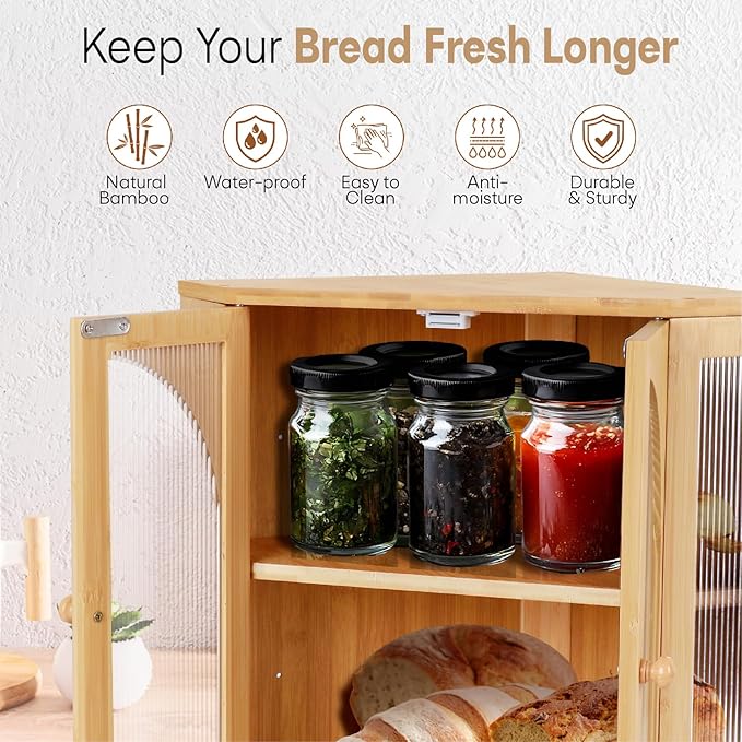 Corner Bread Box for Kitchen Countertop, Double Layer Bamboo Bread Storage Container for Homemade Bread, Large Capacity Bread Holder with 3 Adjustable Height for Counter, Natural