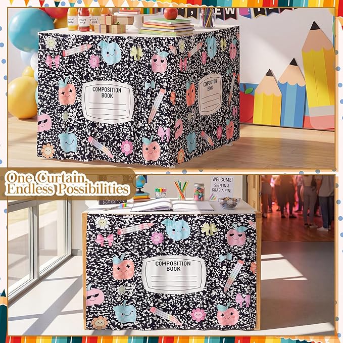 VitalCozy Composition Notebook Table Skirt for Classroom Teacher 35" W X 35" L Desk Skirts Teacher Appreciation Week Back to School Gifts for Kindergarten Classroom Office Bookcase Decoration