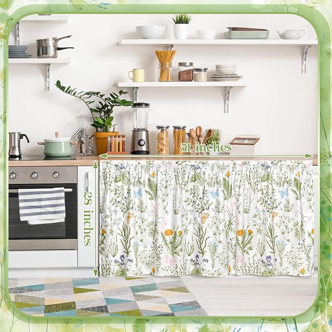 VitalCozy Cabinet Curtains 28"w x 51"L Sink Skirt for Bathroom Diamond Stitch Self Adhesive Waterproof Fabric Short Curtains for Kitchen Floral Dishwasher Curtain Cover for Home Farmhouse Rustic Drape