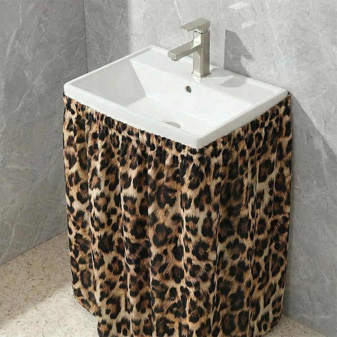 Leopard Print Sink Skirt for Bathroom, Self Stick Adhesive Waterproof Fabric, Wild Safari Cheetah Under Sink Curtain Skirt, Pedestal Accessories Decor