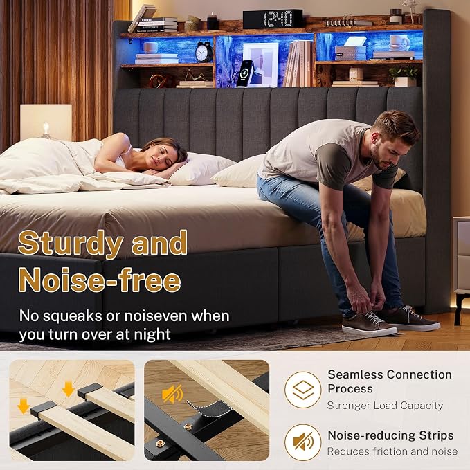 TEENFON Queen Bed Frame with Headboard and 4 Drawers Storage, Bed Frame Queen Size Built in LED Lights and Charging Station, Sturdy & Noise-Free Upholstered Platform Metal Support Bed, Dark Grey