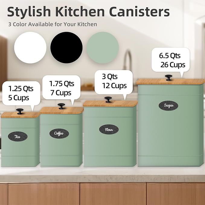 Canisters Sets for the Kitchen Set of 4, Metal Sugar Flour Coffee Storage Containers for Countertop with Airtight Lids, Customizable Chalkboard Labels & Marker Pen, Storage Jars Canisters - Sage Green