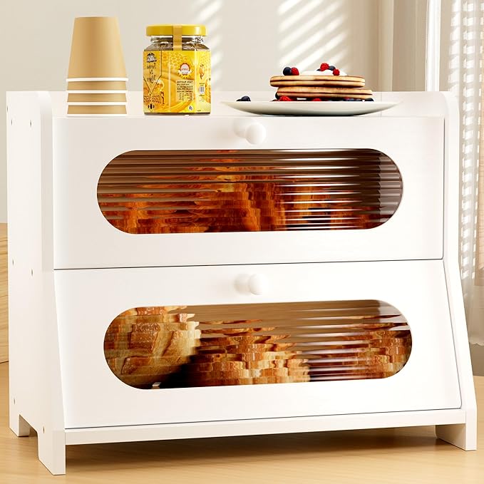 Bread Box for Kitchen Countertop,Large Capacity Double Layer Kitchen Countertop Organizer,Bread Storage with Acrylic Window for Cabinet,Pantry,Cupboard(White)