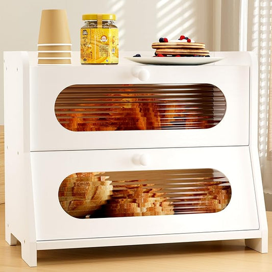 Bread Box for Kitchen Countertop,Large Capacity Double Layer Kitchen Countertop Organizer,Bread Storage with Acrylic Window for Cabinet,Pantry,Cupboard(White)