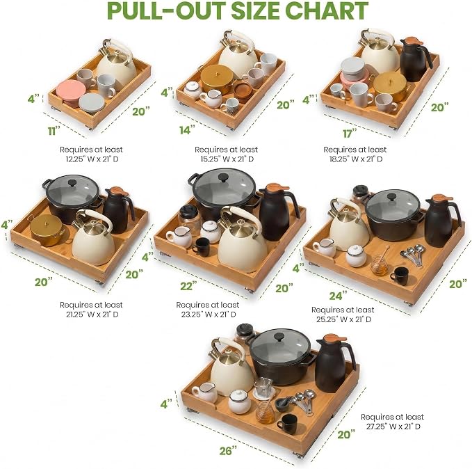 HOLDN’ STORAGE Bamboo Wooden Pull out Cabinet Organizer 22"W x 21"D Requires At Least a 23.25"W x 21"D Cabinet Opening W/Lifetime Limited Warranty, Bamboo Tray and Heavy Gauge Metal Rails