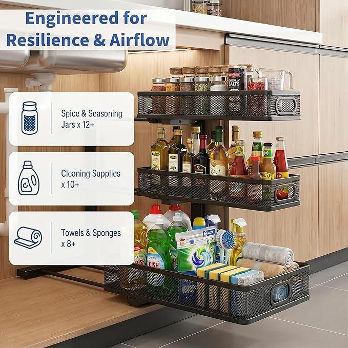 Under Kitchen Sink Organizer,3-Tier Black Metal Pull Out Cabinet Organizers, Slide Out Under Sink Storage Drawers, Under Sink Organizer Bathroom Counter Shelf, Pantry Organization and Storage （2 Pack）