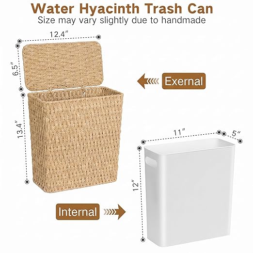 iEGrow Paper Rope Trash Can,Bathroom Trash Can with Lid, 3 Gallon Wicker Waste Basket with Removable Liner, for Bedroom, Living Room, Toilet, Under Sink Natural