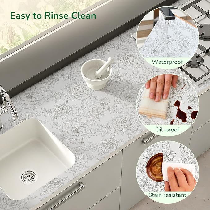 Floral Drawer and Shelf Liner for Kitchen, Non-Slip Non-Adhesive Cabinet Liners for Cupboard, Dresser, Shelves, Tool Box, Pantry, Thickened Easy Install, Strong Grip, 17.5In x 20FT, Rose