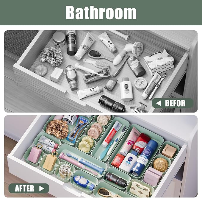 Plastic Drawer Organizers, 18 PCS Drawer Organizer Bins, Bathroom and Vanity Organizer Plastic Tray, Makeup organizer and storage for Makeup, Bedroom, Kitchen Gadgets Utensils and Office