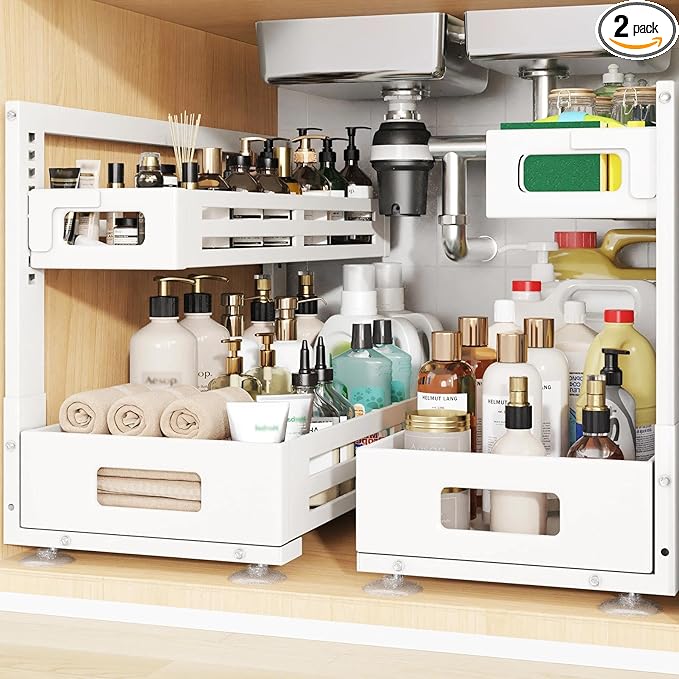 2 Pack 21IN-Depth Under Sink Organizer,Pull Out Cabinet Organizer With Smooth Cylindrical Rail,Metal Slide Out Drawer for Kitchen Bathroom Laundry,8-Level Tool Free Height Adjustable-White