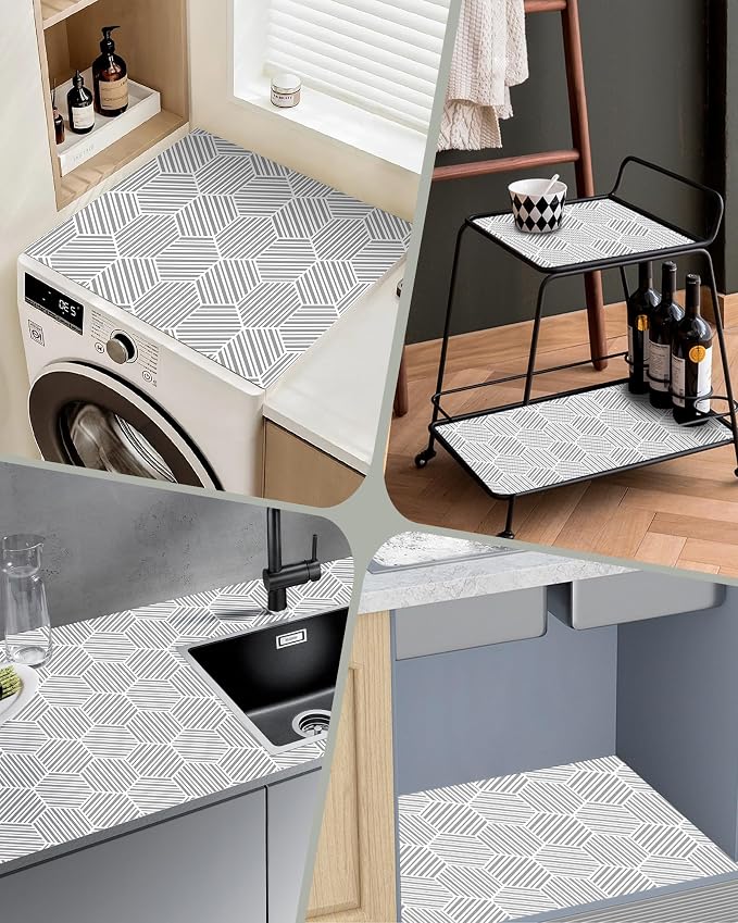 Shelf Liner Drawer Liner for Kitchen Cabinet Non-Adhesive Cabinet Liners Thickened Slip Resistant Waterproof Shelf Paper Protect Cupboard Dresser Shelves, Gray Hexagonal Geometric Stripe 11.8In x 10FT