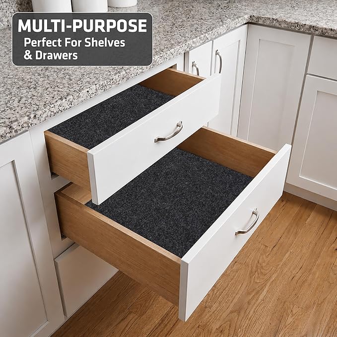Drymate Premium Luxury Shelf & Drawer Liner, Thick Cushioned Fabric, Non-Adhesive, Absorbent, Waterproof, Slip-Resistant, Liners for Kitchen Cabinets, Cupboards (USA Made)(11”x50”)(2-Pack)(Charcoal)