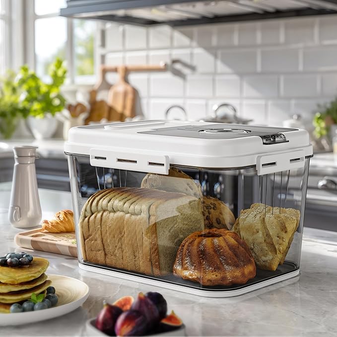 Olimingse Bread Box For Kitchen Countertop, Airtight Bread Storage Container, Bread Keeper For Homemade Bread, Cookies, Cereal, Fruits, 10L White.