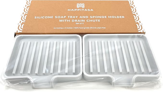 Silicone Soap Dish Tray and Sponge Holder with Drain Chute, Rectangular, Kitchen and Bathroom Sink Organizer (Light Grey, 5.2"x4" (Set of 2), 7.2 Ounces)