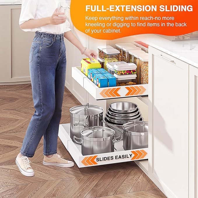 Expandable Pull Out Cabinet Organizer, Slide Out Cabinet Shelves with 3 Quiet Rails, Nano Adhesive No Drill Roll Out Drawers for Kitchen, Pantry, Bathroom, 12.6"-20.4" W x 21" D, White