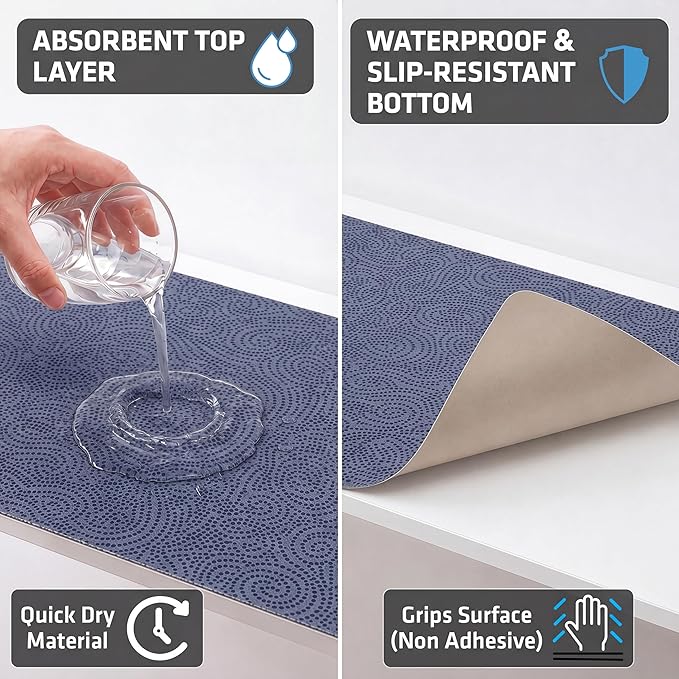 Drymate Premium Luxury Shelf & Drawer Liner, Thick Cushioned Fabric, Non-Adhesive, Absorbent, Waterproof, Slip-Resistant, Liners for Kitchen Cabinets, Cupboards (USA Made)(12”x59”)(2-Pack)(Blue)