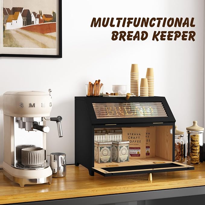 HOLTICO Double Layer Bread Box With Golden Trim for Countertop, Wooden Bread Container for Kitchen Counter, Corner Bread Storage (Black1)