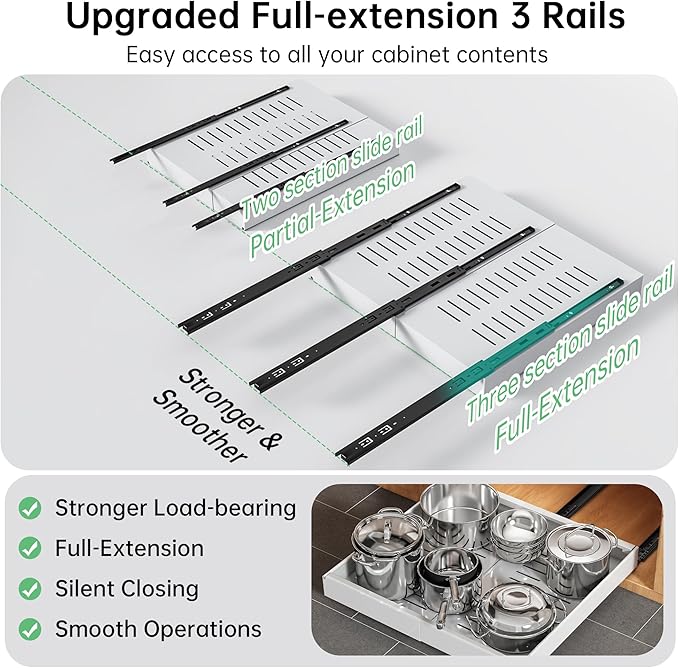 Pull out Cabinet Organizer, 1 pack, 16.5" Deep Heavy Slide out Drawers, Upgrade Three Triple-Slide Rail Systems, Expandable 12.8"-20.8" Roll out Shelf Storage for Kitchen Base Cabinet Organization