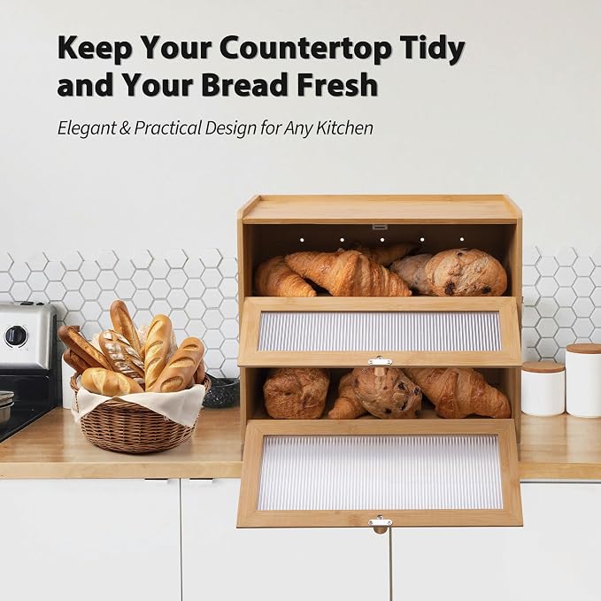 Beautiful Bamboo Bread Box for Kitchen Countertop Non-toxic Double Layer Wooden Breadbox Vitamin Organizer Supplement Bottle Organizer Vitamin Bottle Storage Food-Safe (Assemble Instruction Updated)