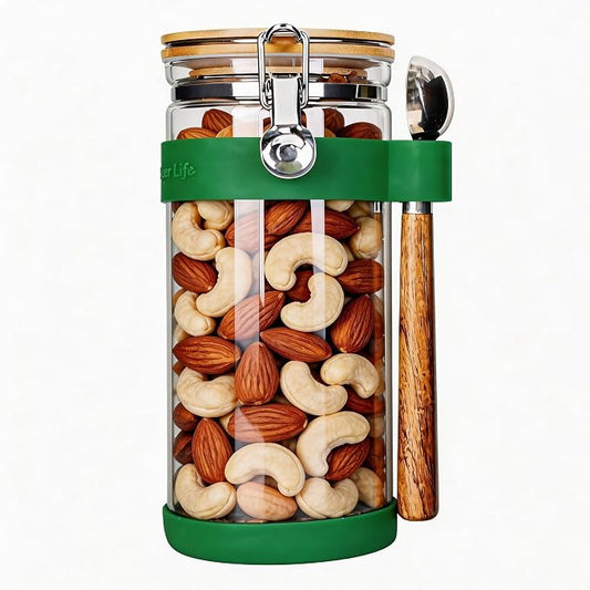 KKC 1.5-Quart Large Glass Nuts Storage Container, Airtight Food Storage Jar with Bamboo Lid & Scoop, Keeps Nuts Crunchy & Fresh, Perfect for Pantry Organization & Storing Nuts, Almonds, Peanuts